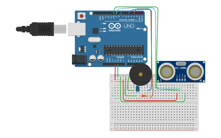 Circuit design PRACTICA 6 - R.E_ULTRASÓNICO, PIEZO - Tinkercad
