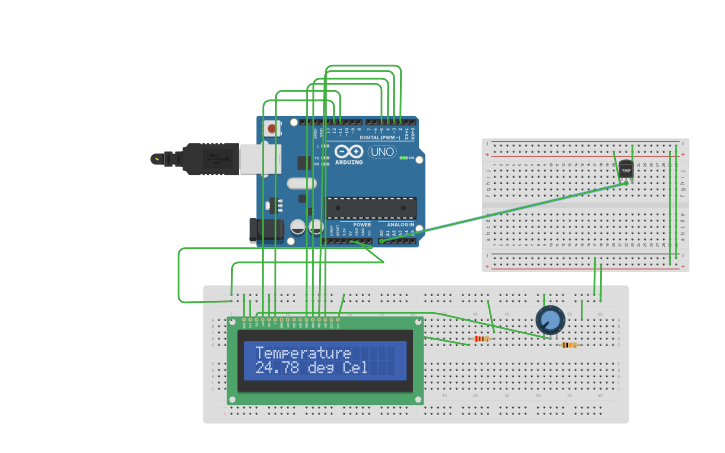 Circuit design temperature sur ecran lcd | Tinkercad