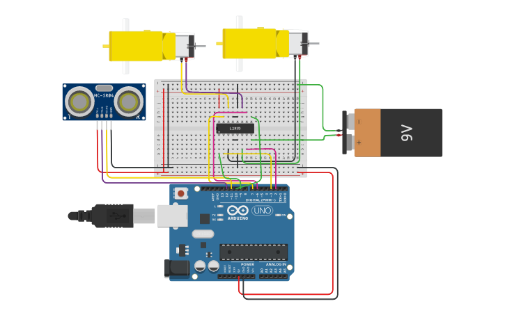 Circuit design Diseño robot Esquiva obstaculos | Tinkercad