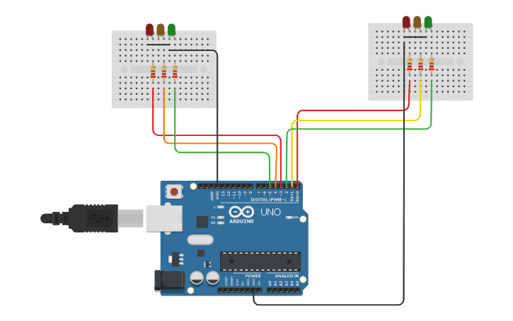 Circuit design two way traffic light - Tinkercad