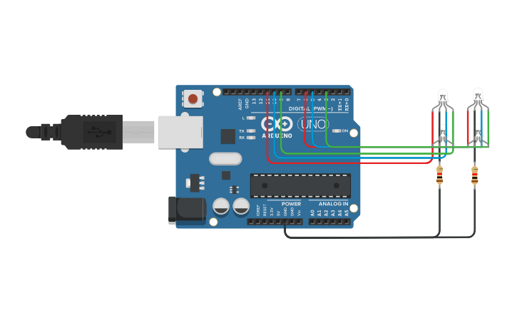 Circuit design Simple dancing lights using Arduino - Tinkercad