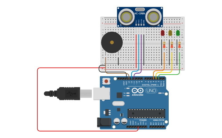 Circuit design Sensore di prossimità con led e piezo - Tinkercad