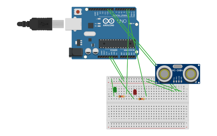 Circuit design sensor, dos leds rojo y verde | Tinkercad