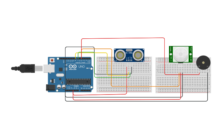 Circuit design Ultrasonico y PIR Sensor - Tinkercad