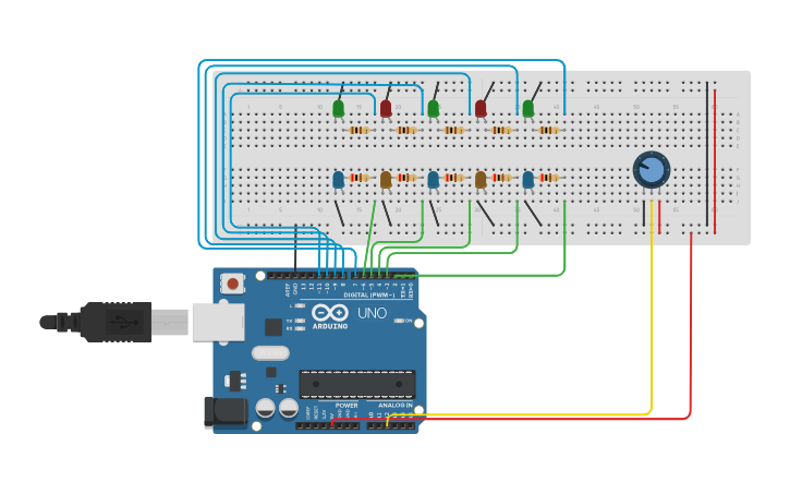 Circuit design Leds potenciometro - Tinkercad