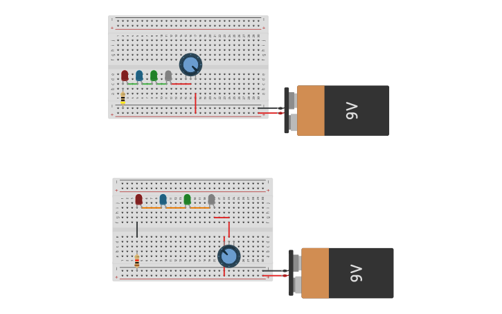 Led Con Protoboard Circuit design LEDS en serie con potenciómetro en protoboard - Tinkercad