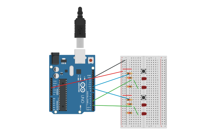 Circuit design leds con boton ON/Off - Tinkercad