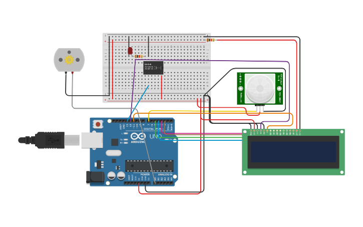 Circuit design Arduino Exam Q4 -5 PIR/LED-relay/DC motor - Tinkercad