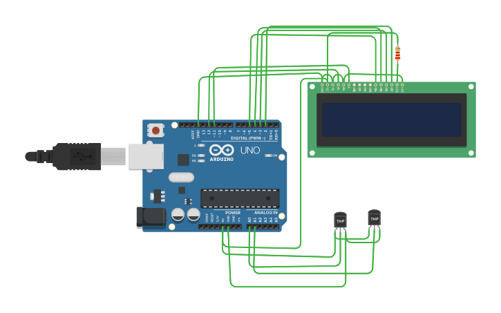 Circuit design 2 датчика температуры - Tinkercad