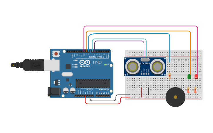 Circuit design Reto 1, Ultrasonido con Buzzer - Cristian Garcia | Tinkercad