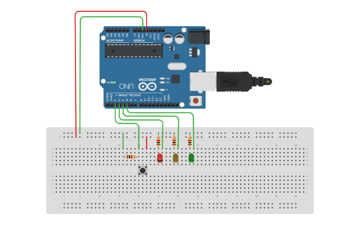 Circuit design SEMAFORO CON PULSADOR - Tinkercad