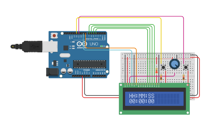 Circuit design Stopwatch Time Display on LCD - Tinkercad