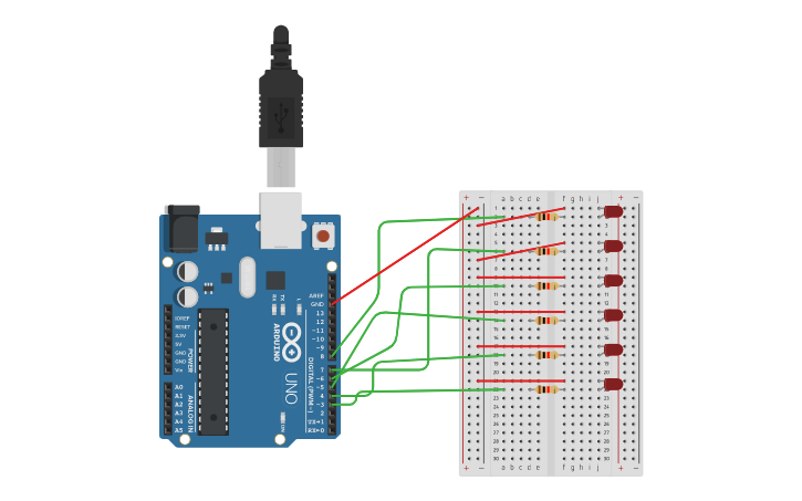 Circuit design arduino luces led | Tinkercad