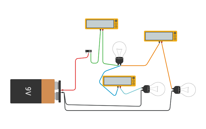 Circuit design 1 bombilla en serie con 2 bombillas en paralelo | Tinkercad