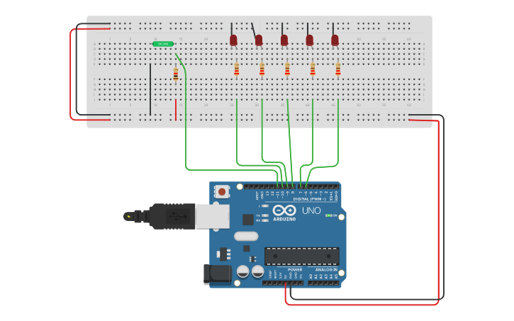 Circuit design Interfacing Tilt sensor by using 5 led . - Tinkercad