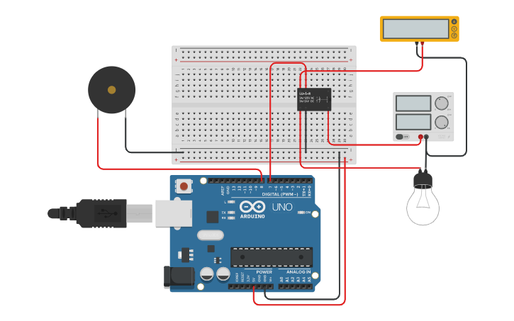 Circuit design Relé LU-5-R - Multímetro - Buzzer - Tinkercad