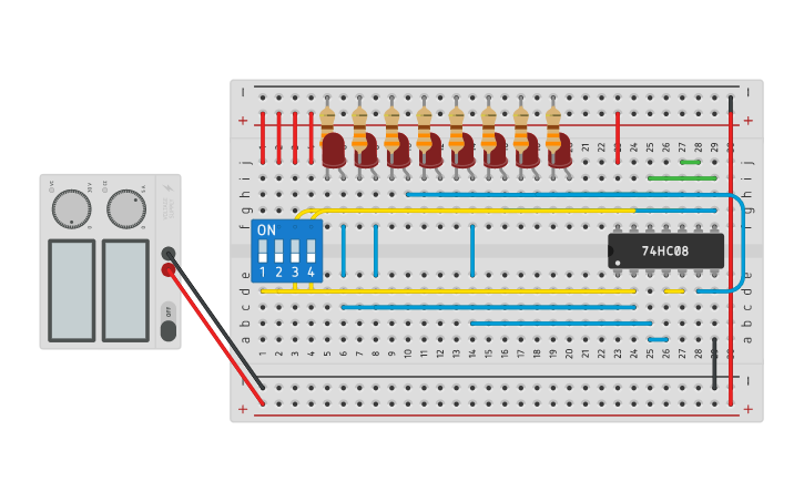 Circuit design 74LS08 Quad 2-Input AND gate - Tinkercad