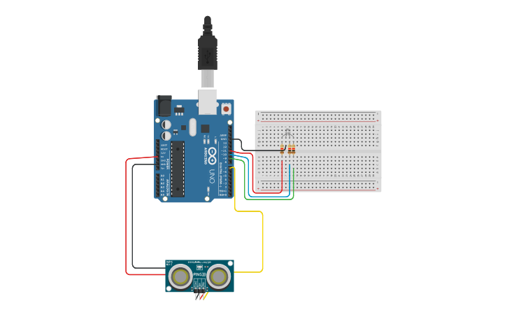 Circuit design Ultrasonic Sensor and RGB LED - Tinkercad