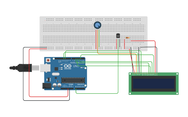 Circuit design Temperature sensor with LCD | Tinkercad