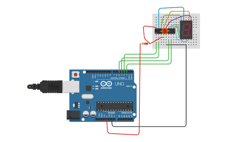 Circuit design BCD to 7 pieces display with Arduino | Tinkercad