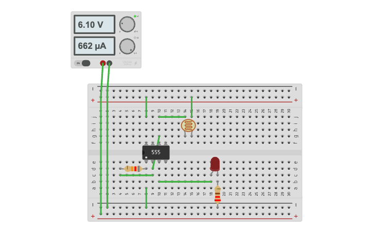 Circuit design Dark Sensor using 555 - Tinkercad