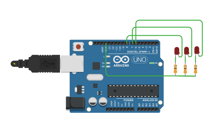 Circuit design Tinkercad 1: Arduino con 3 leds | Tinkercad