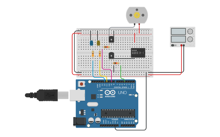 Circuit design Relay and DC motor control - Tinkercad