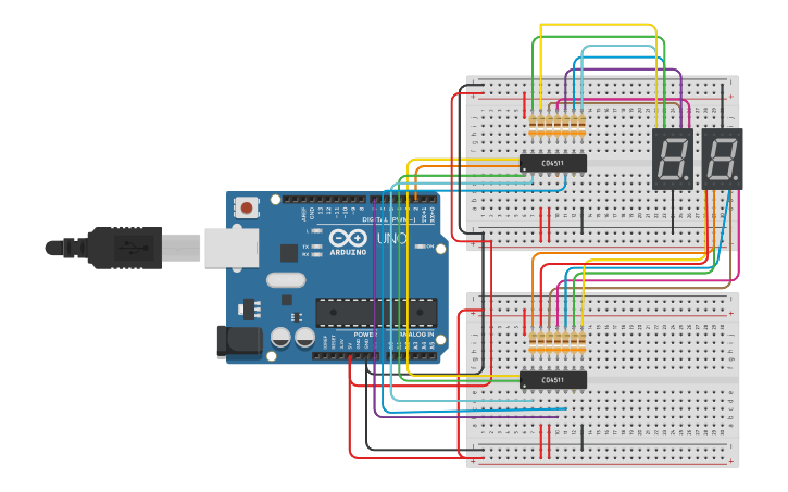 Circuit design two digit number using CD4511 TO ARDUINO | Tinkercad
