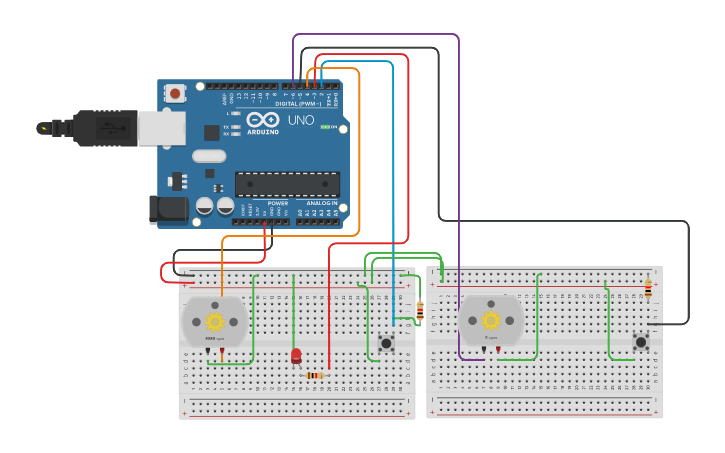 Circuit design ENCENDIDO DE MOTOR Y LED A BASE DE PULSADORES | Tinkercad