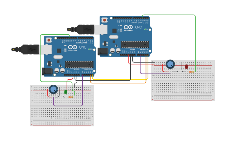 Circuit Design Relacion Entre 2 Arduinos Con Led - Tinkercad