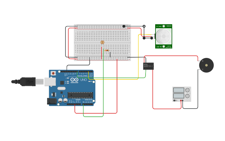 Circuit design Motion sensor buzzer Q8 | Tinkercad