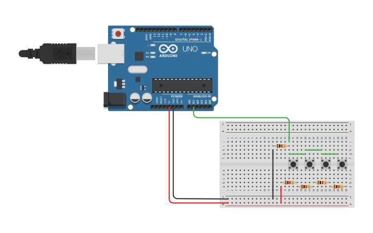 Circuit design Multiple push buttons to 1 analog pin - Tinkercad