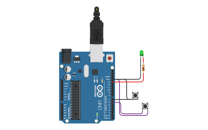 Circuit design Liga led 2 botões - Tinkercad
