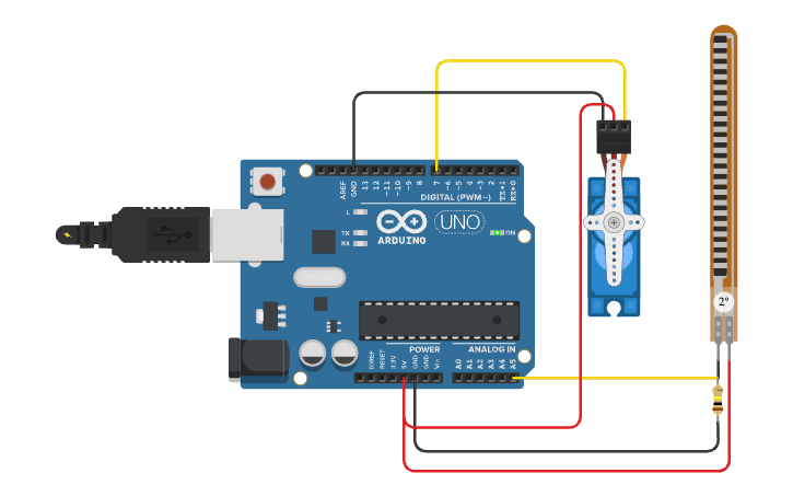 Circuit design Arduino Flex Sensor and Servo Motor - Tinkercad