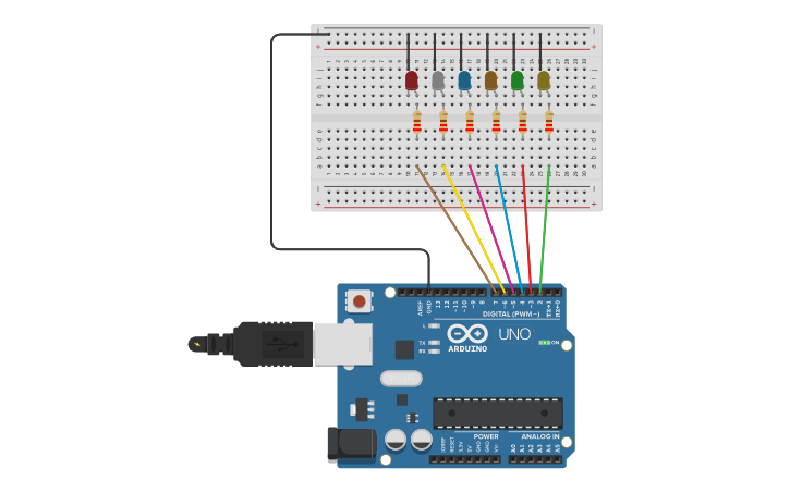Circuit design Arduino (6 leds) Jeanmarco Reyes | Tinkercad
