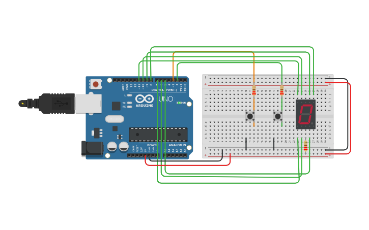 Circuit design Practica.Contador pulsadores | Tinkercad