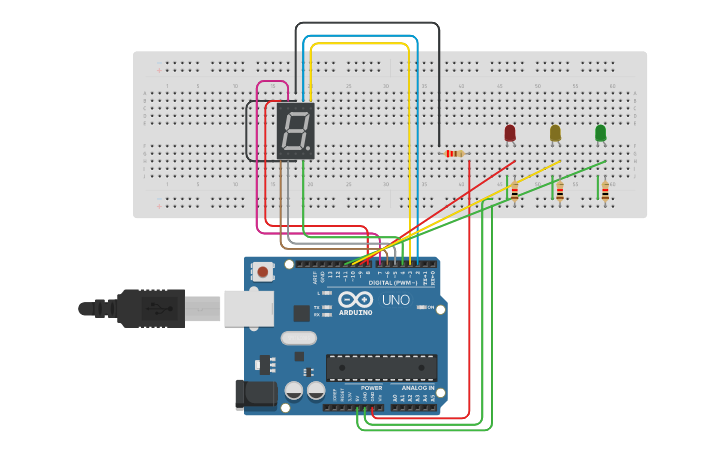 Circuit design 7-Segment Traffic Light - Tinkercad