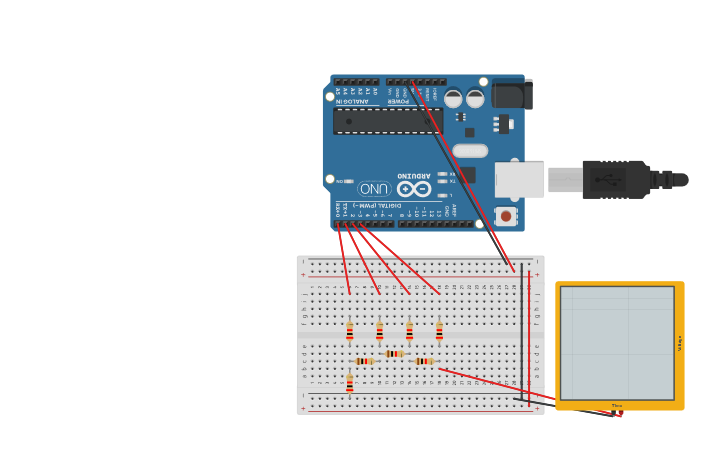 Circuit design R2R DAC With Arduino - Triangle Wave - Tinkercad