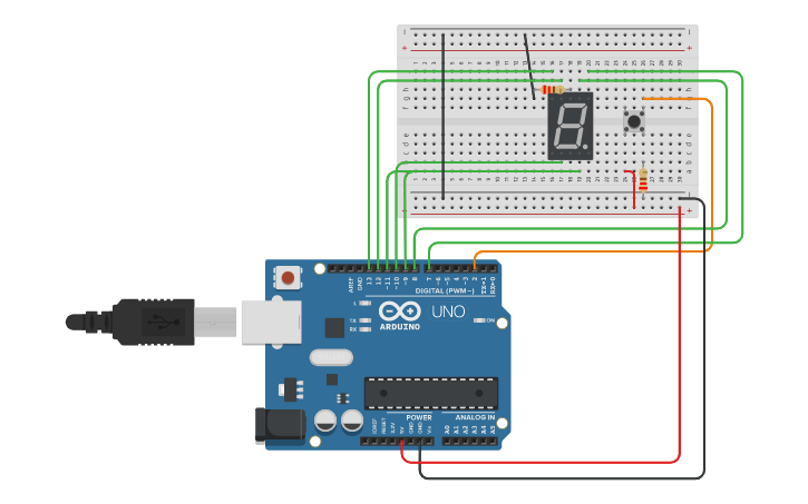 Circuit design 7 segment display with Push button - Tinkercad