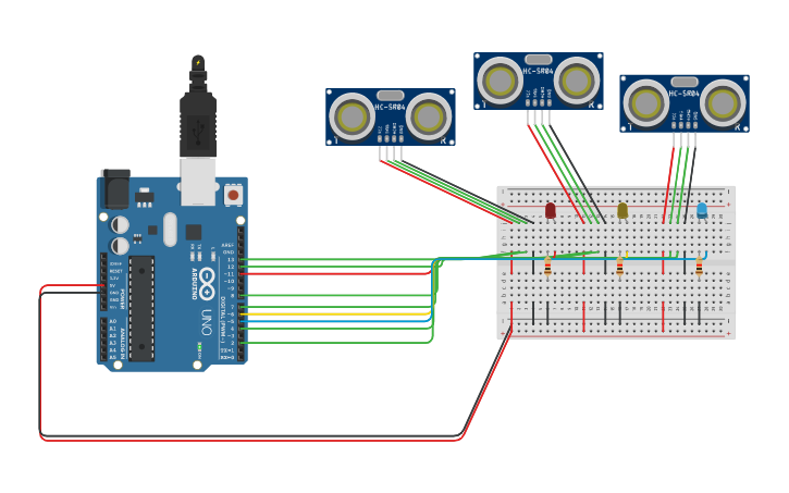 Circuit design 3 Sensor Ultrasonic - Tinkercad