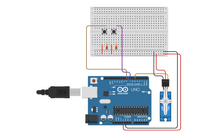 Circuit design Buttons +/- Rotate Servo* - Tinkercad