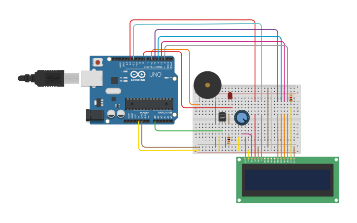 Circuit design Flame sensor with LED-buzzer-and-LCD | Tinkercad