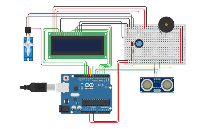 Circuit design Rangkaian ultrasonic sensor, servo, LED, Buzzer, LCD M ...