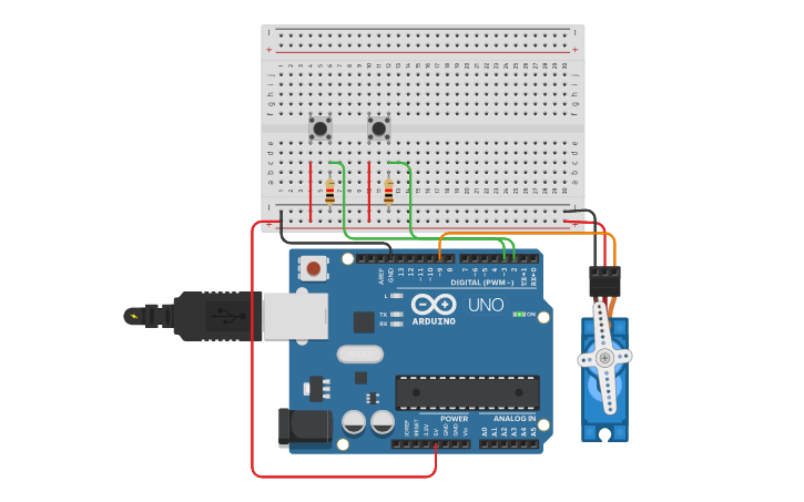 Circuit design Dos botones y Servo - Tinkercad