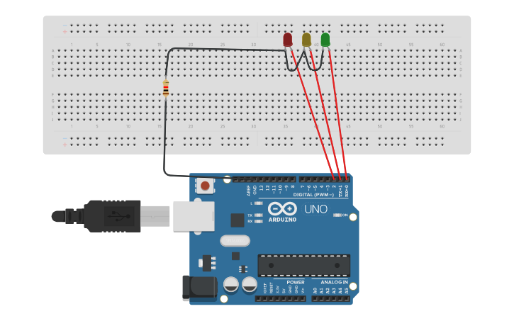 Circuit design SEMÁFORO con placa de Arduino Uno R3 - Tinkercad