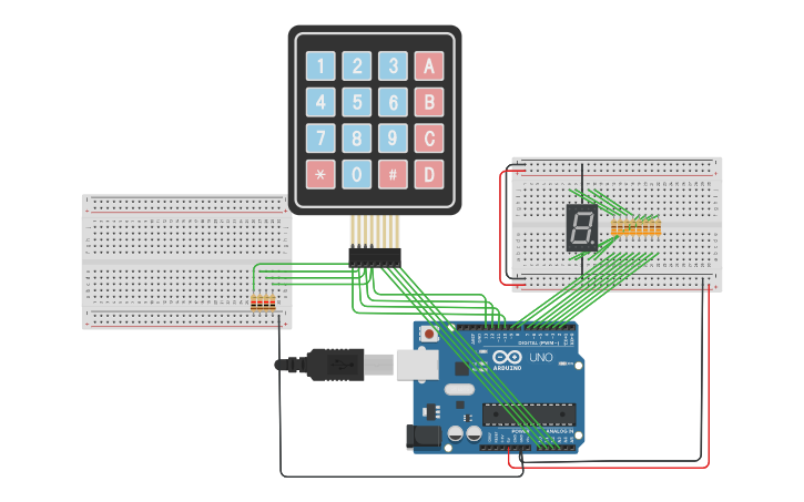 Circuit design Keypad to 7-Segment display Code - Tinkercad