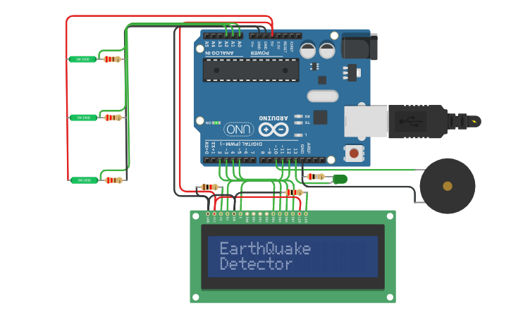 Circuit design Earthquake detector alarm with Tilt Sensors - Tinkercad