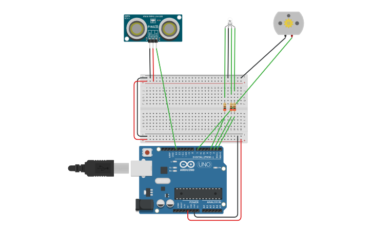 Circuit design CC and Led controller w/ ultrasonic sensor | Tinkercad
