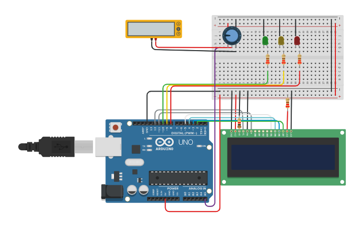 Circuit design Actividad N°4: Uso de una pantalla LCD - Tinkercad