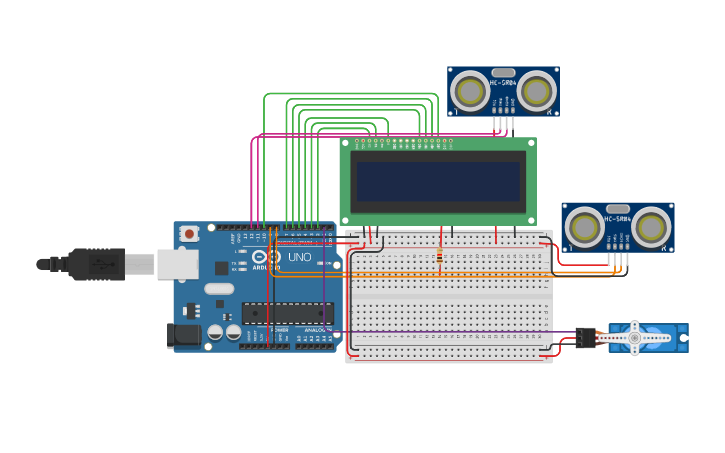 Circuit design Proyecto mecatronica (Puerta+LCD+2 sensores ultrasonicos ...